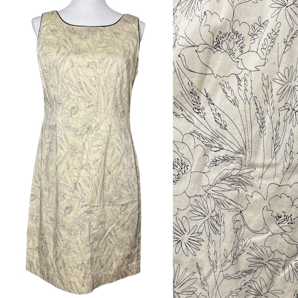 Khaki Floral Sheath Dress 10P Shift Scribbles Ditsy Hand Drawn Knee Length